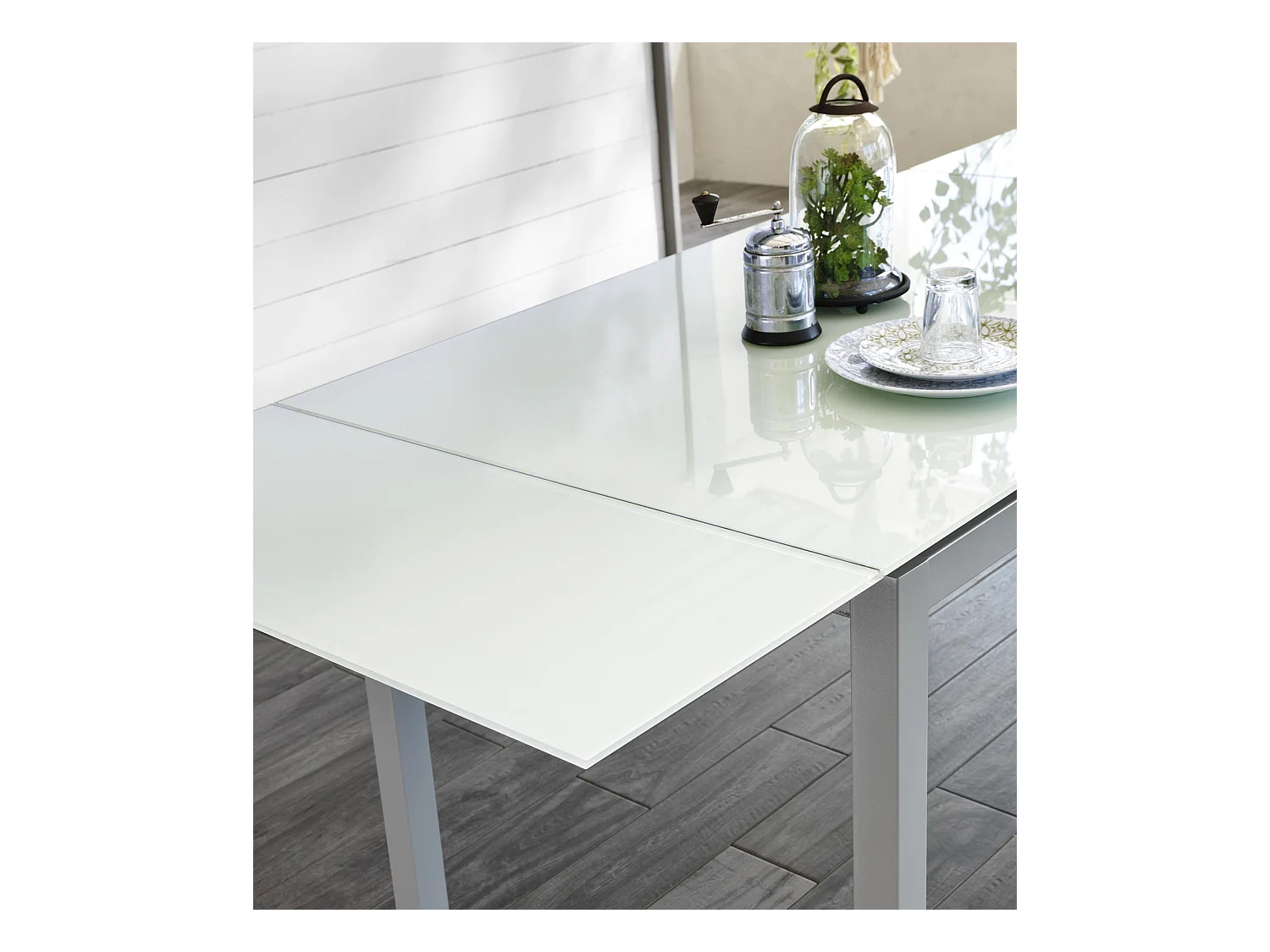 Baud - Mesa extensible (110/170 x 75 cm) en cristal templado blanco