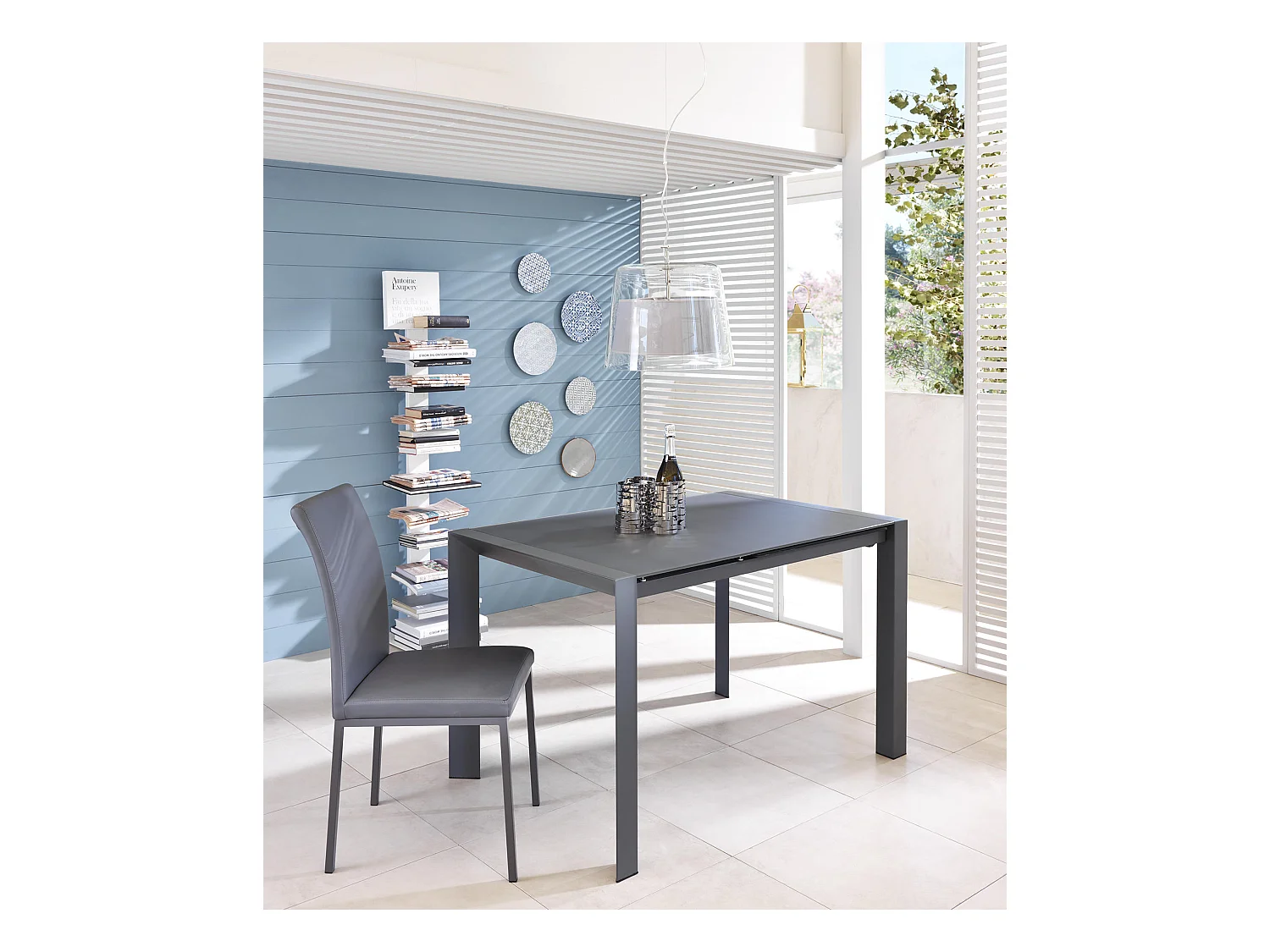 Pixel - Ausziehbarer Tisch (122/182 x 80 cm) aus grauem Hartglas