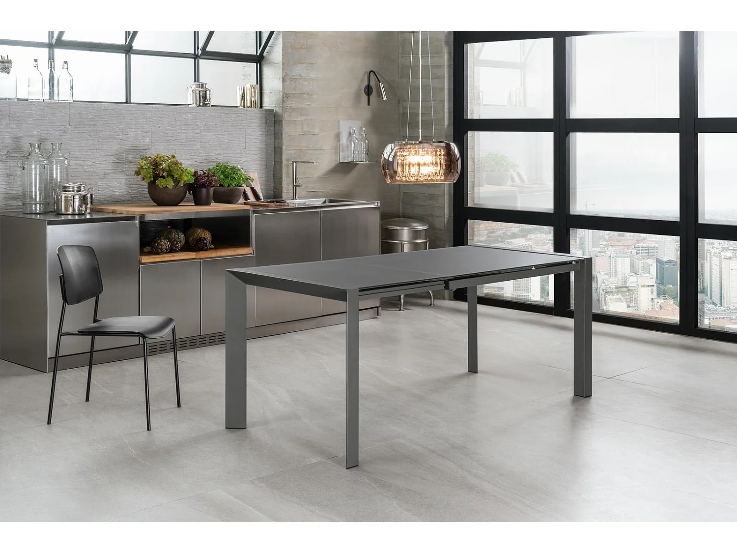 Pixel - Ausziehbarer Tisch (122/182 x 80 cm) aus grauem Hartglas