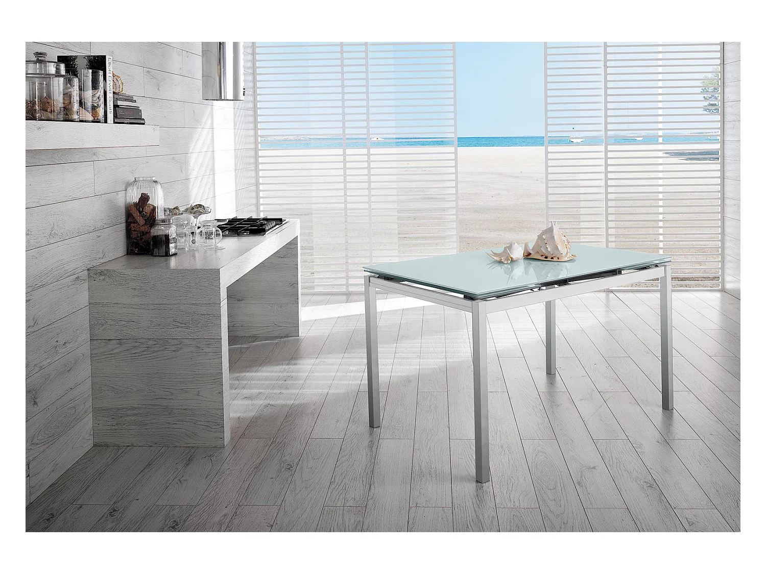 Baud - Ausziehbarer Tisch (130/200 x 80 cm) aus weißem gehärtetem Glas