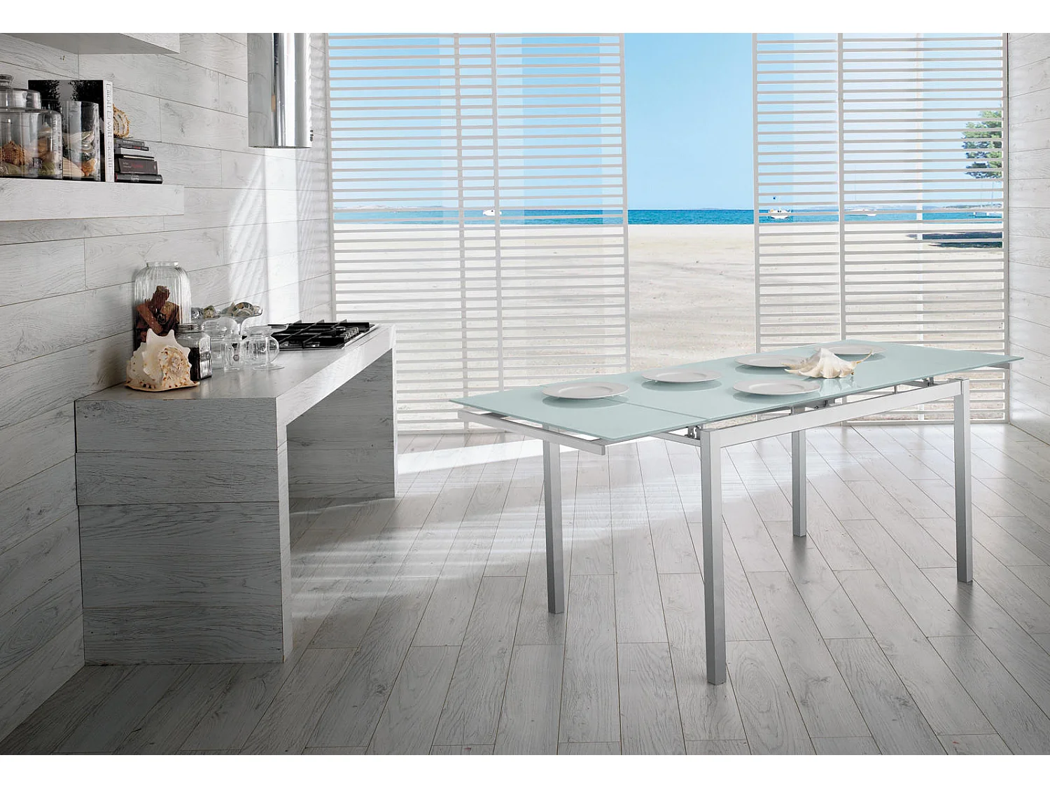 Baud - Ausziehbarer Tisch (130/200 x 80 cm) aus weißem gehärtetem Glas