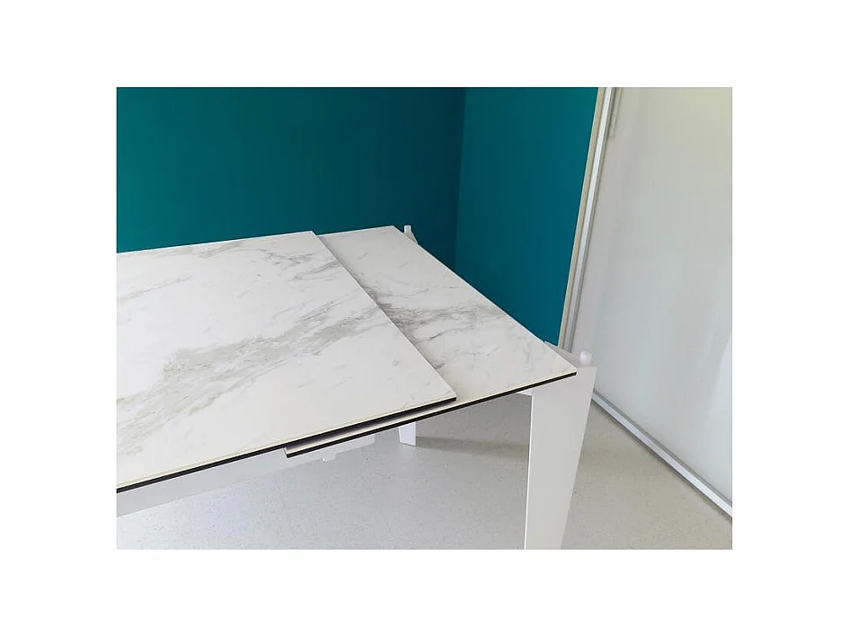 Table extensible de 120cm à 170cm plateau moderne en céramique sur verre trempé marbre blanc