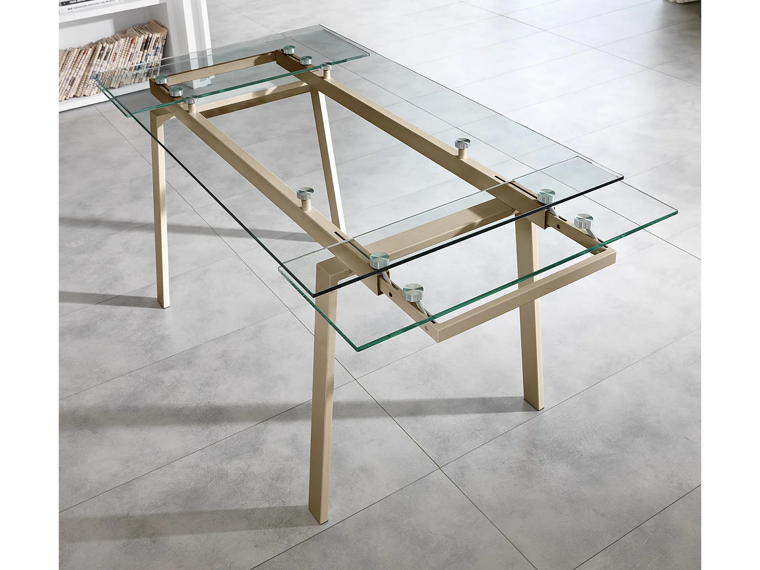 Tommy – Ausziehbarer Tisch (140/200 x 80 cm) aus taubengrauem Hartglas