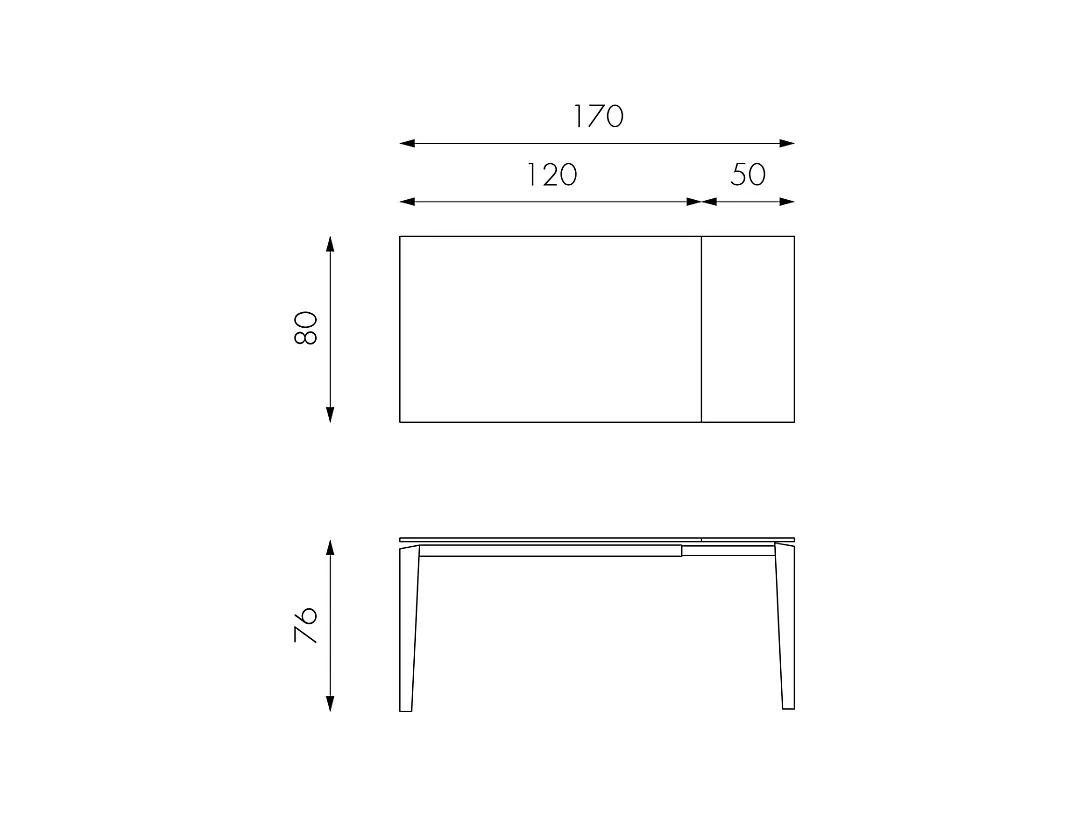 Uitschuifbare tafel van 120 cm tot 170 cm modern keramisch blad op gehard glas antraciet marmer