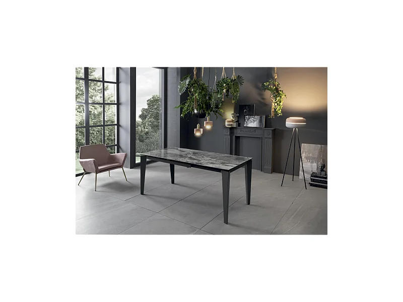 Uitschuifbare tafel van 120 cm tot 170 cm modern keramisch blad op gehard glas antraciet marmer