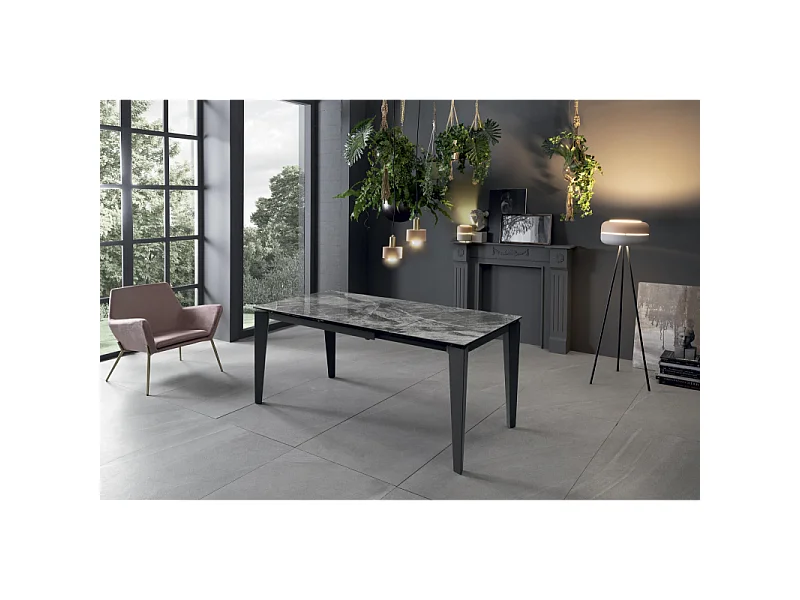 Table extensible de 120cm à 170cm plateau moderne en céramique sur verre trempé marbre anthracite