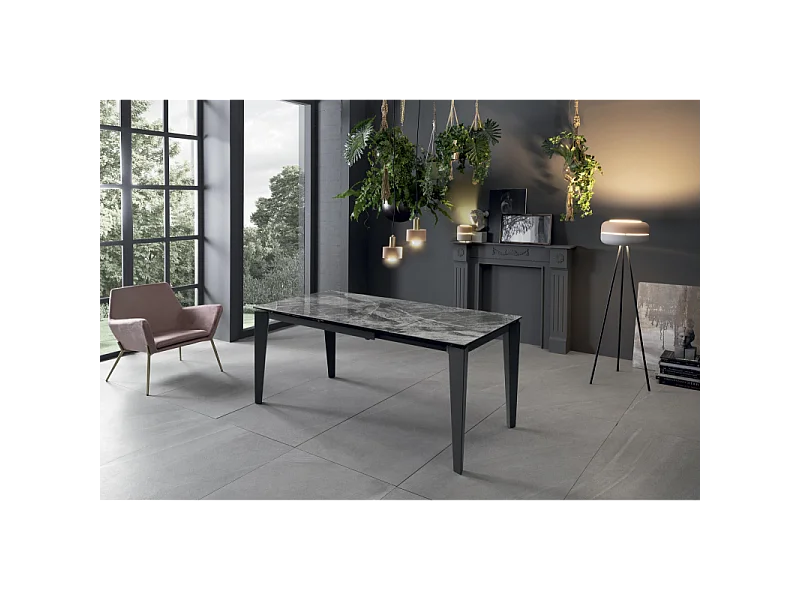 Mesa extensível de 120cm a 170cm moderno Tampo Cerâmico sobre Vidro Temperado Mármore Antracite