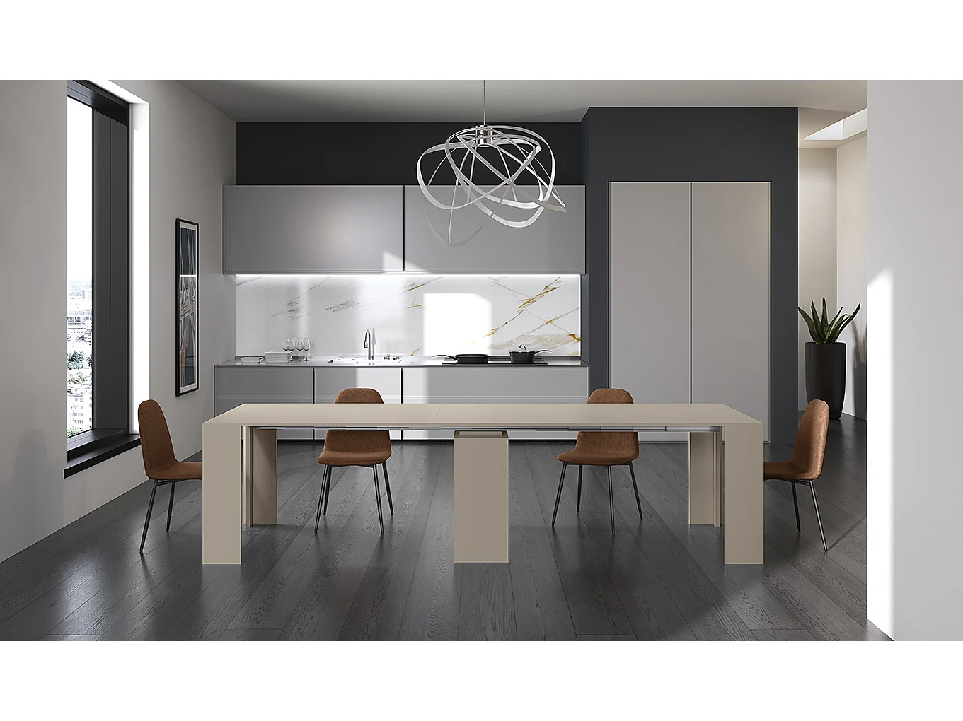 Pinocchio Console extensible (42,5/302,5 x 90 cm) en MDF laqué gris tourterelle