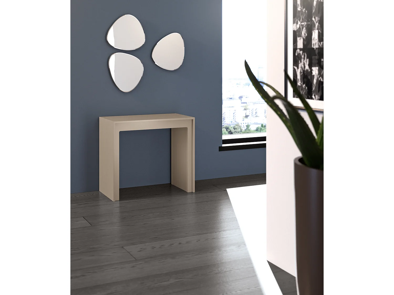 Pinocchio Console extensible (42,5/302,5 x 90 cm) en MDF laqué gris tourterelle