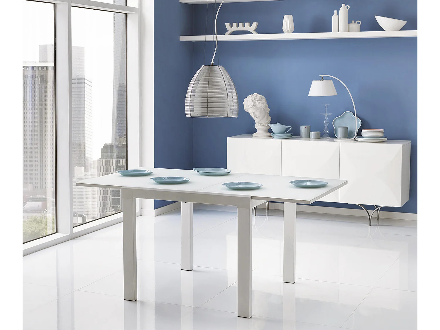 Banner Table Extensible (90/163,5 x 90 cm) en Verre Trempé Blanc