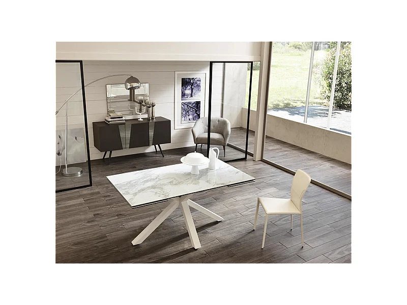 Table extensible de 160cm à 240cm plateau moderne en céramique sur verre trempé marbre blanc