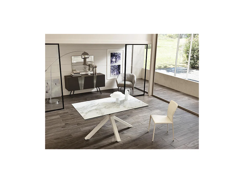 Table extensible de 160cm à 240cm plateau moderne en céramique sur verre trempé marbre blanc