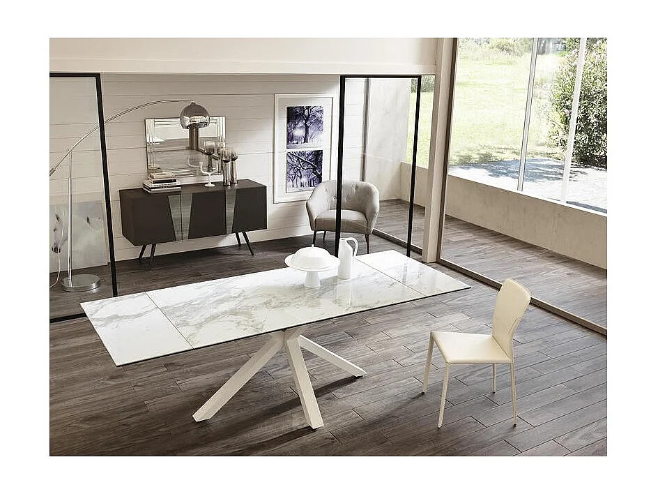 Mesa extensível de 160cm a 240cm moderna Tampo Cerâmico em Vidro Temperado Mármore Branco
