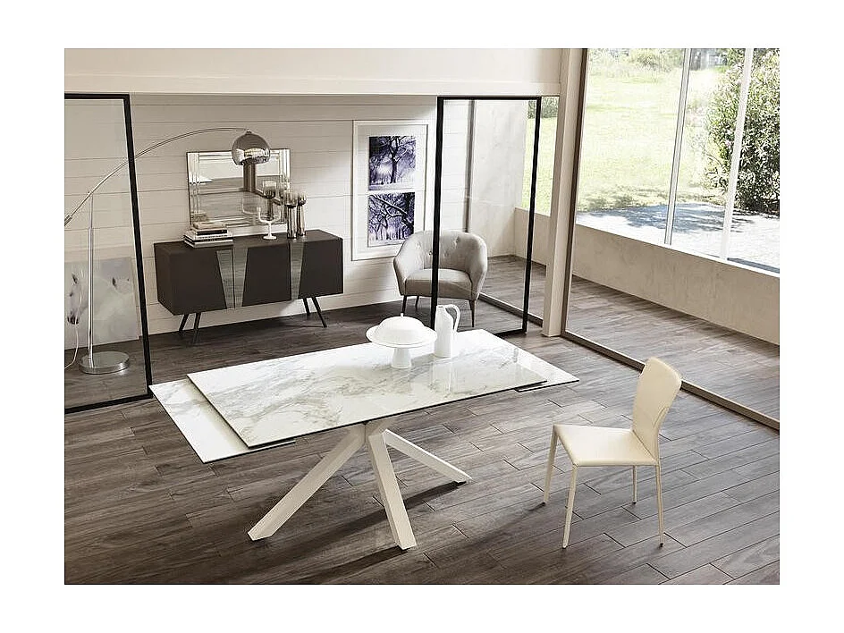 Mesa extensível de 160cm a 240cm moderna Tampo Cerâmico em Vidro Temperado Mármore Branco