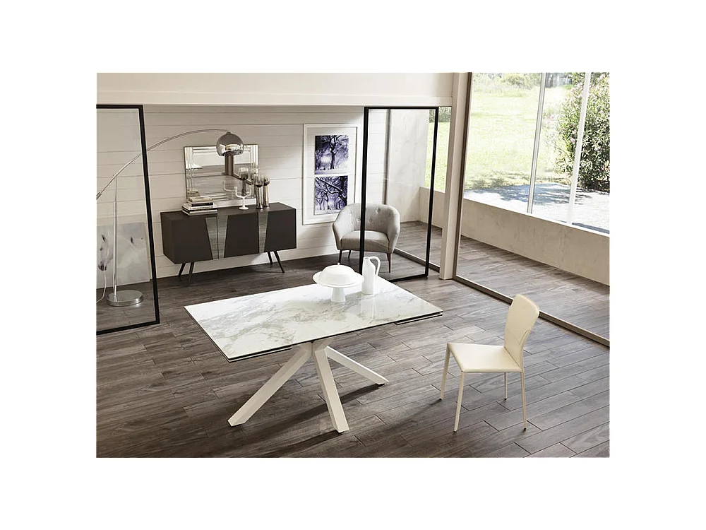 Mesa extensível de 160cm a 240cm moderna Tampo Cerâmico em Vidro Temperado Mármore Branco
