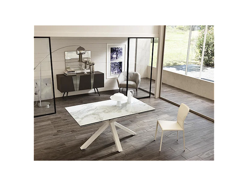 Rozkładany stół od 160 cm do 240 cm Nowoczesny blat ceramiczny na szkle hartowanym Biały marmur