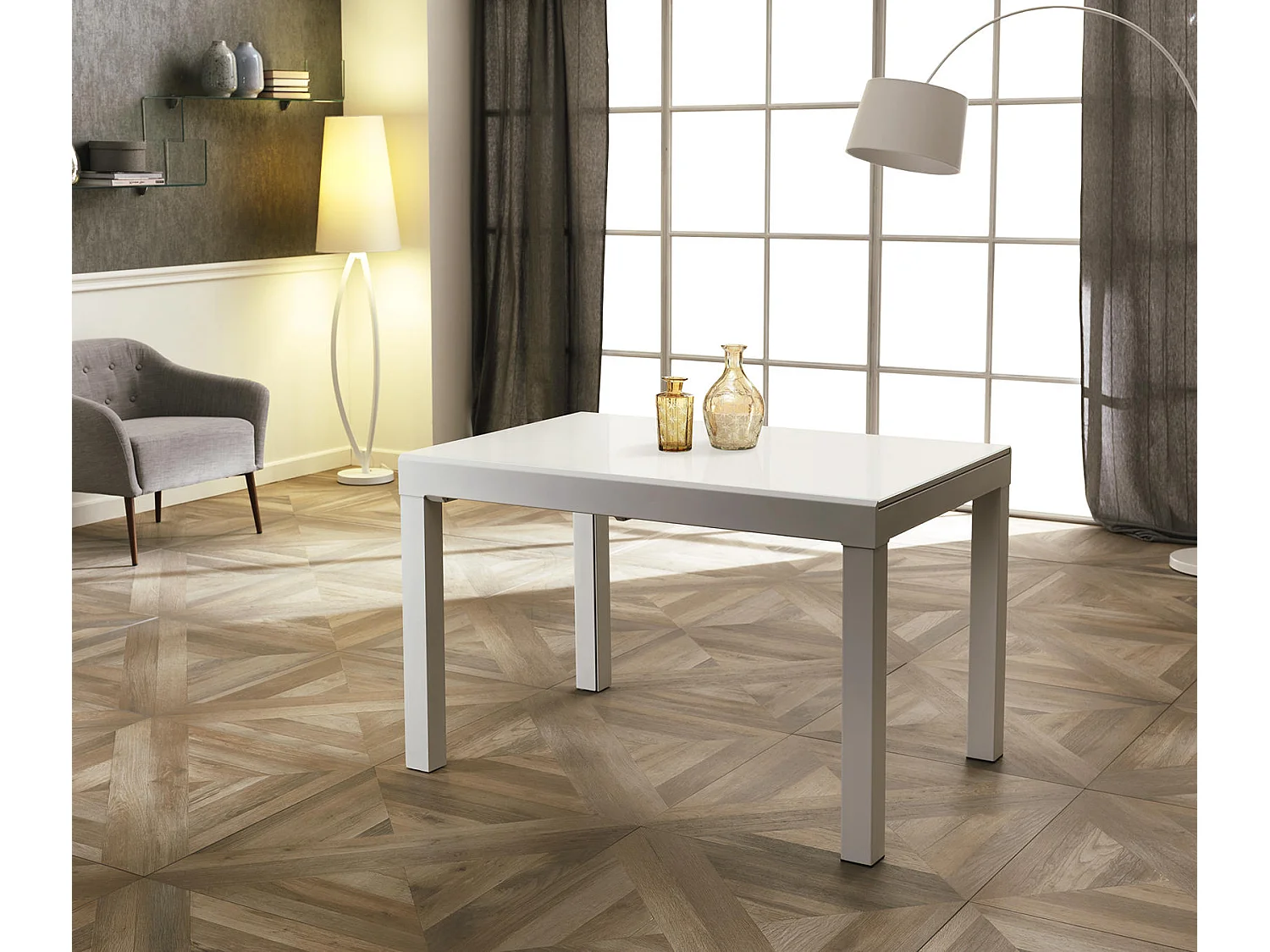 Executive Table Extensible (120/175/230/290/350 x 83 cm) en Verre Trempé Blanc