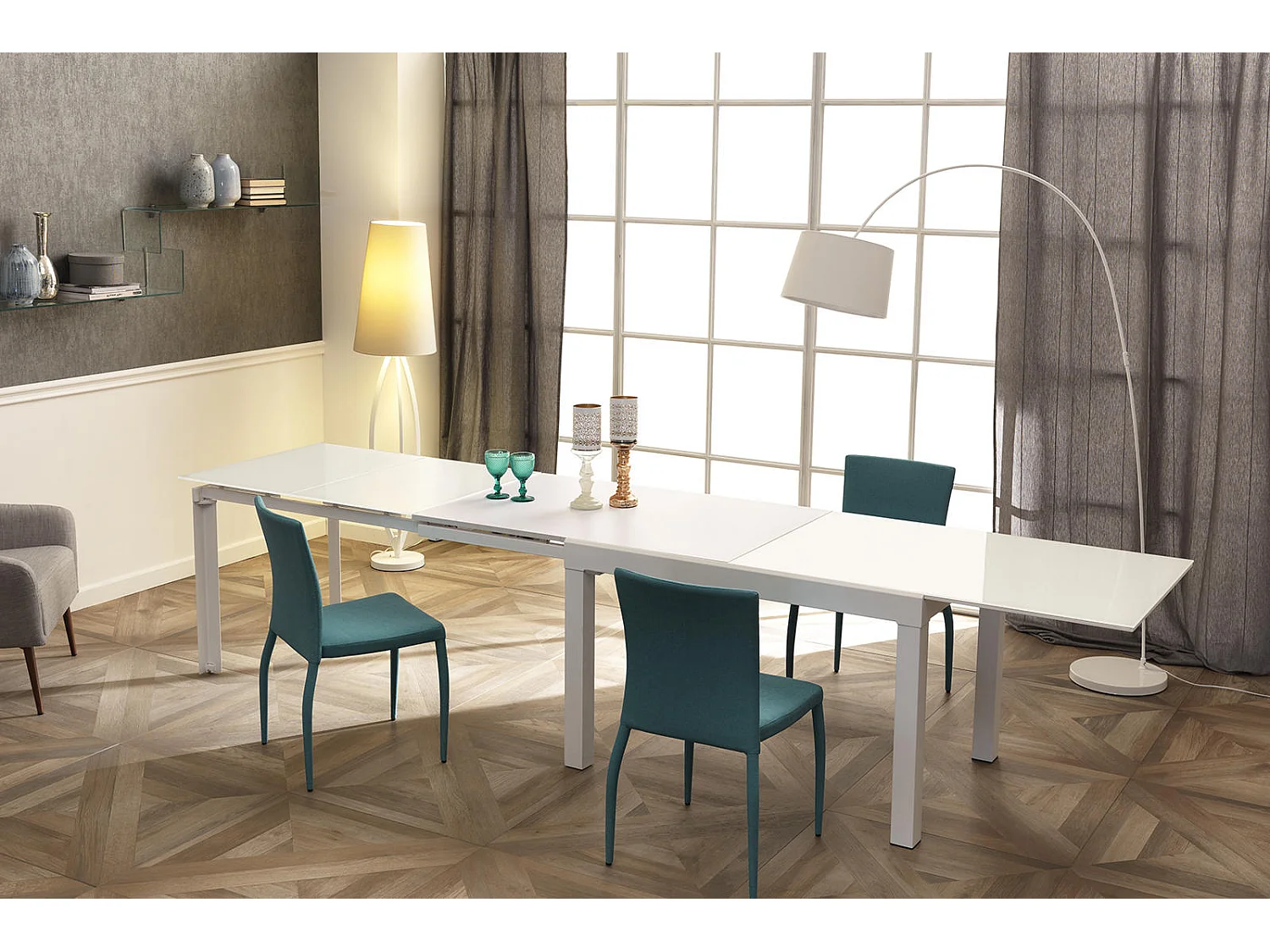 Executive Table Extensible (120/175/230/290/350 x 83 cm) en Verre Trempé Blanc