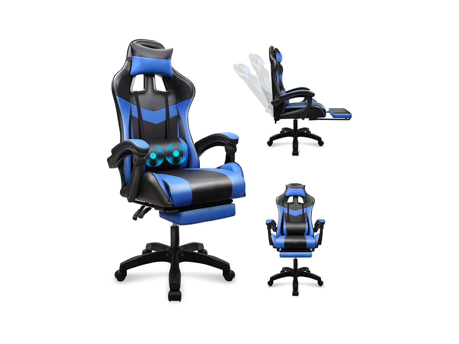 Chaise Gaming,Fauteuil Gamer Ergonomique,Avec Appui-tête et Oreiller Lombaire de Massage,Hauteur Réglable,Bleu Marine