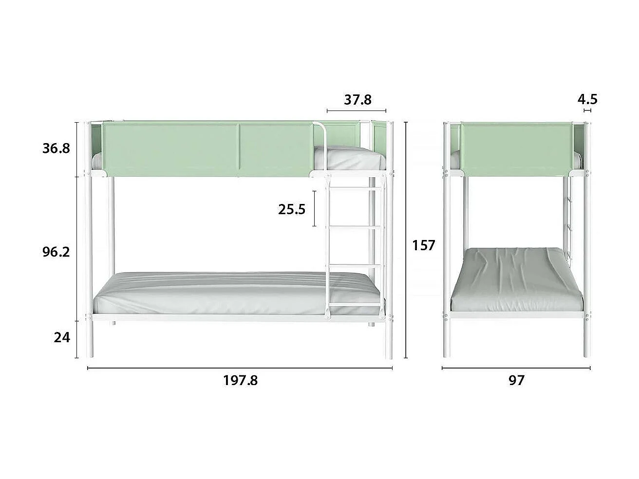 Letto a castello in metallo e tessuto verde con rete - dimensioni del materasso 90 x 190 cm - BROS