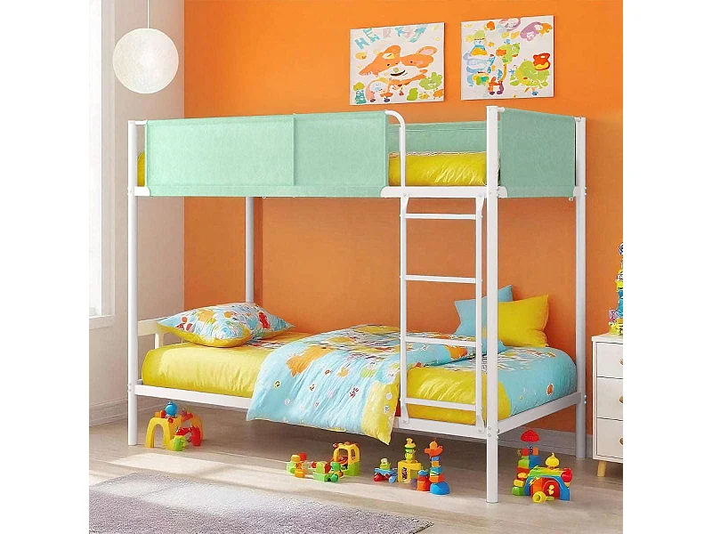 Lit superposé en métal blanc et tissu vert pastel avec sommier - couchage 90 x 190 cm - BROS