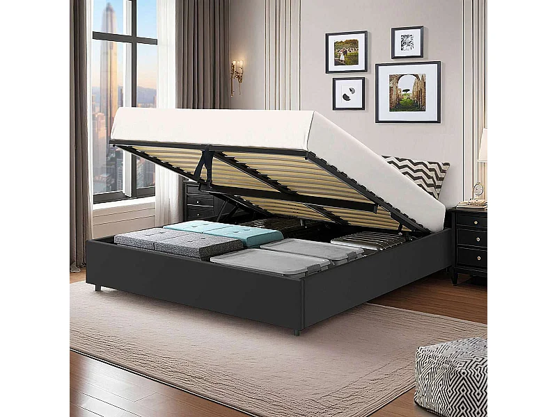 Lit coffre plateforme – couchage 140x190 cm - simili cuir (PU) noir - sommier inclus - LANCE