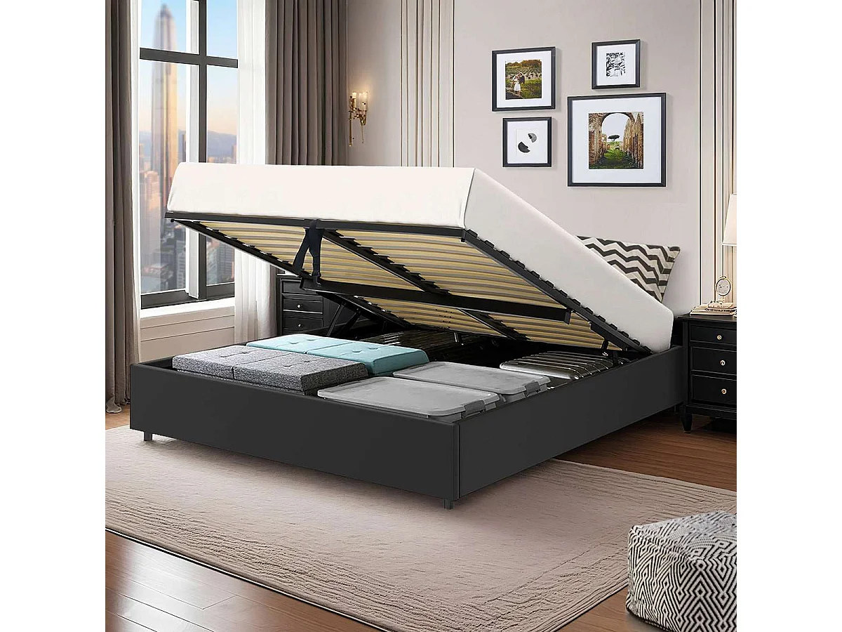 Lit coffre plateforme – couchage 140x190 cm - simili cuir (PU) noir - sommier inclus - LANCE