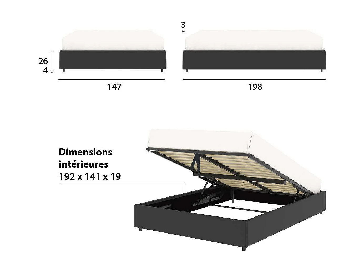 Lit coffre plateforme – couchage 140x190 cm - simili cuir (PU) noir - sommier inclus - LANCE