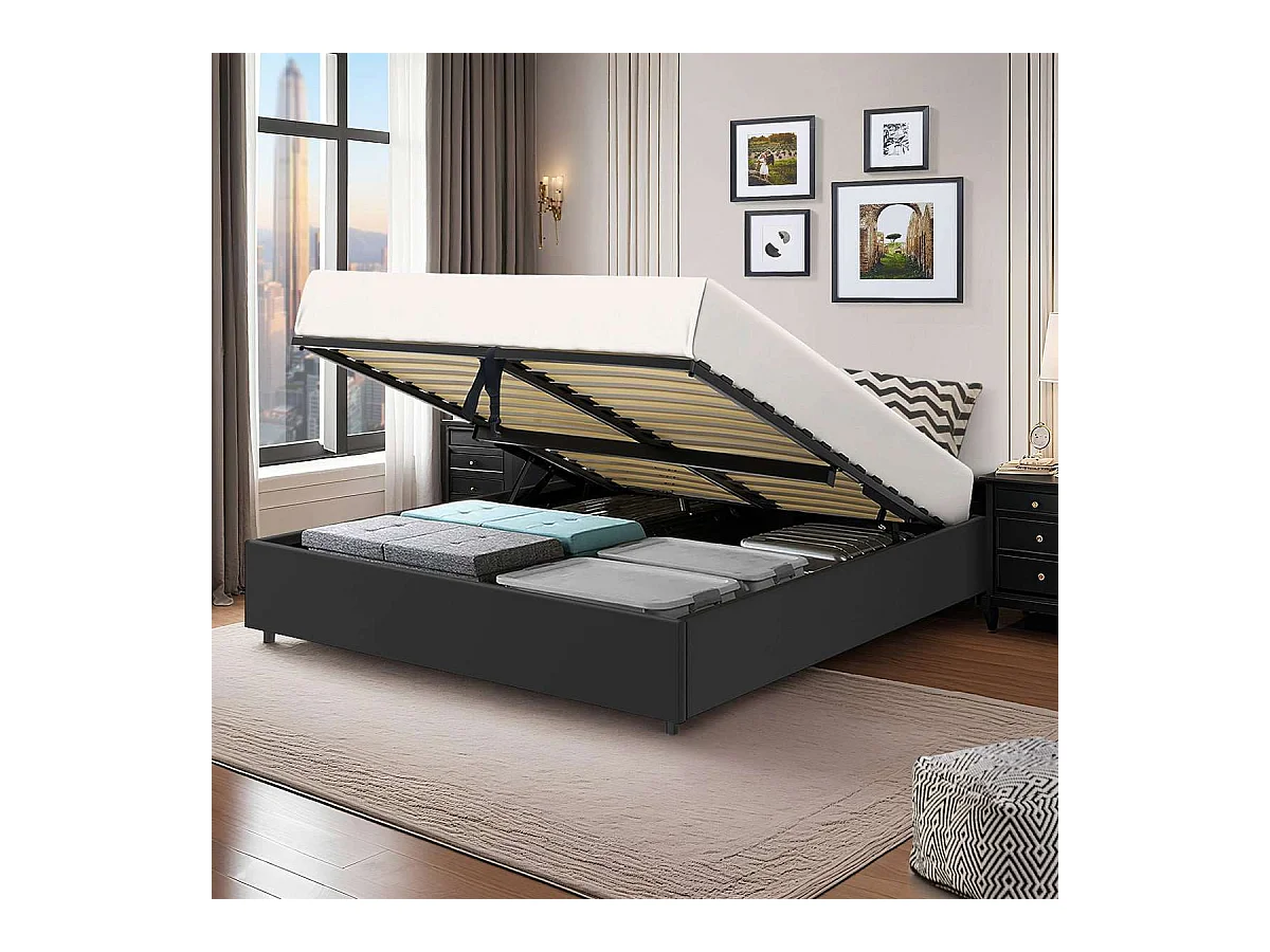 Lit coffre plateforme – couchage 140x190 cm - simili cuir (PU) noir - sommier inclus - LANCE