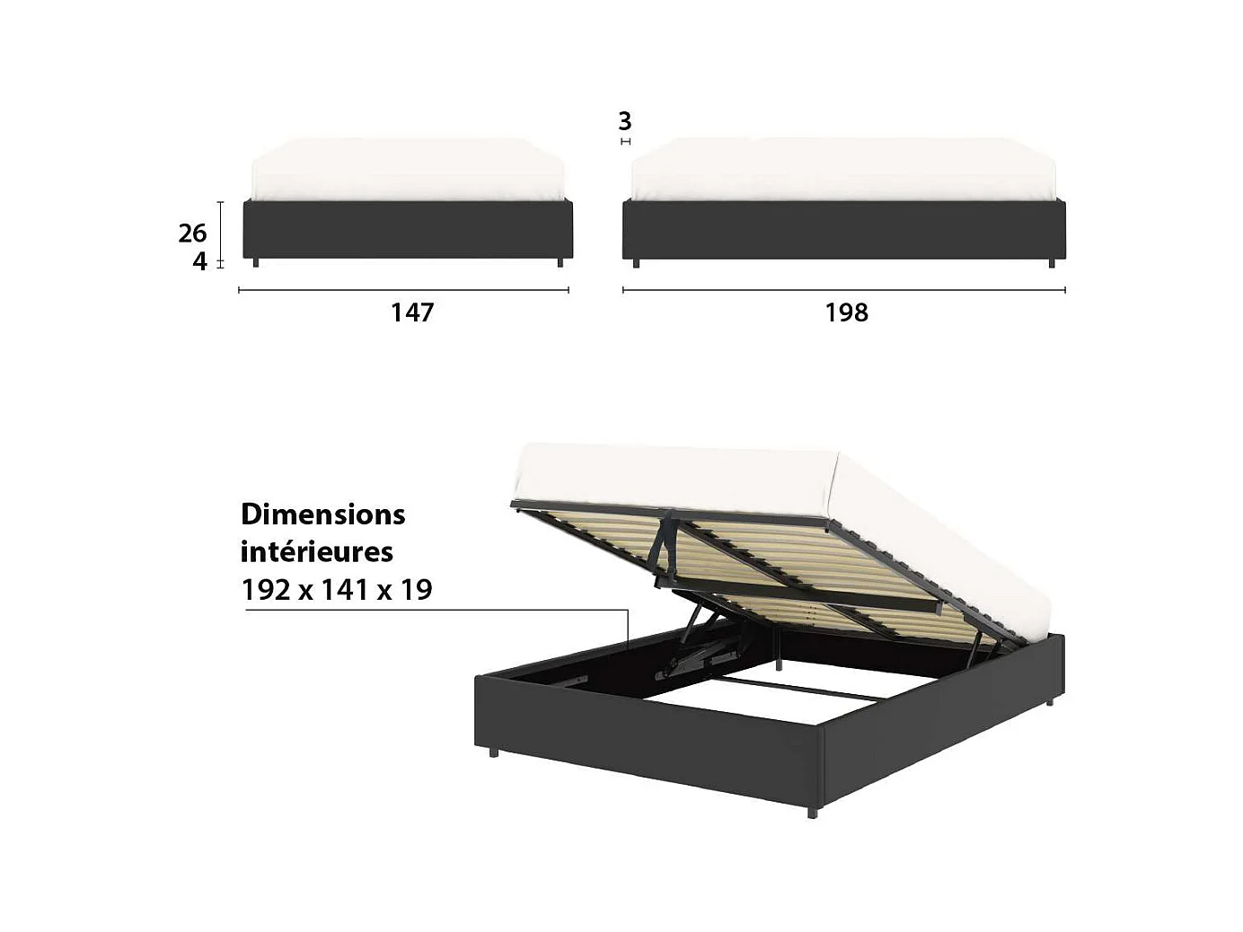 Cama doble con almacenamiento 140x190 cm - PU negro - somier incluido - LANCE