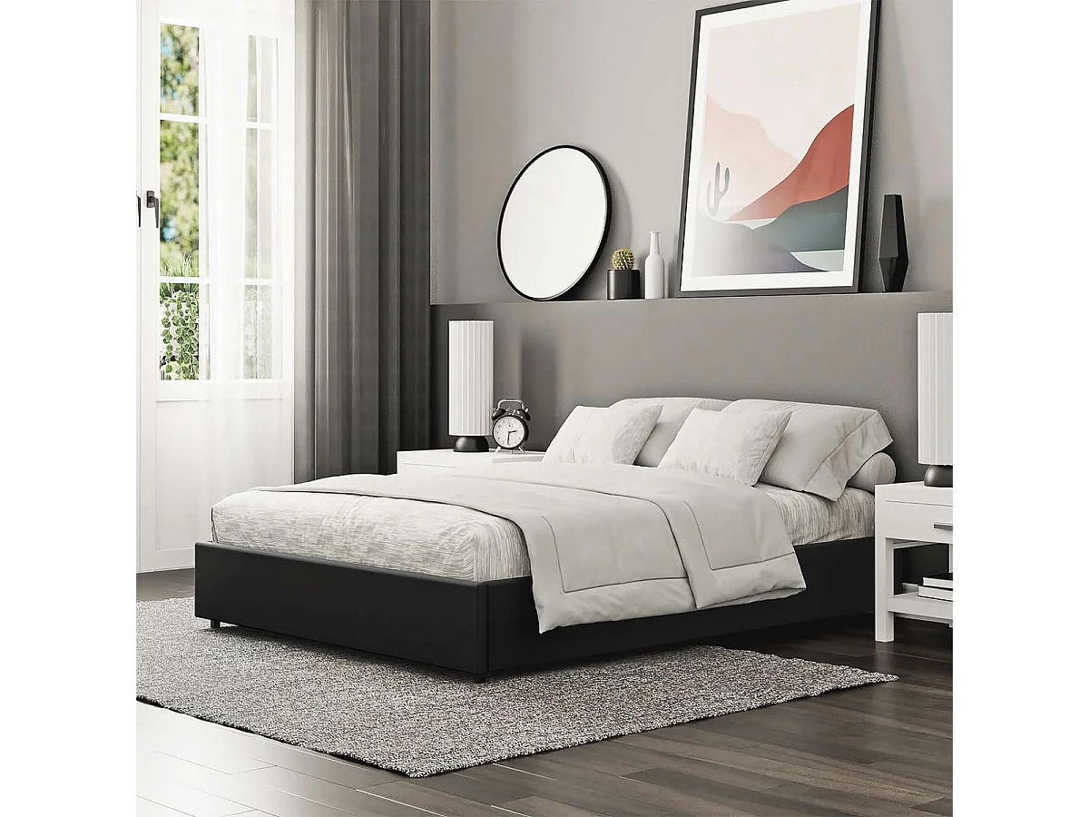 Cama doble con almacenamiento 140x190 cm - PU negro - somier incluido - LANCE