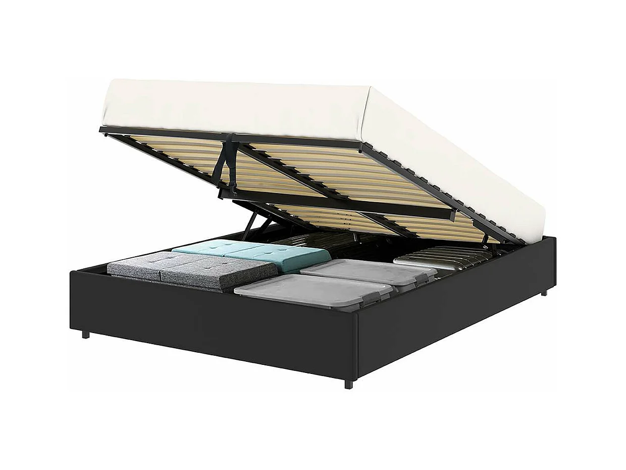 Cama doble con almacenamiento 140x190 cm - PU negro - somier incluido - LANCE