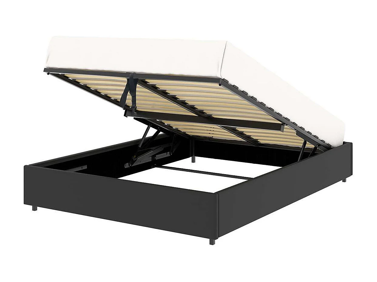 Opbergbed met platform – slaapmaat 140x190 cm – zwart kunstleer (PU) – lattenbodem inbegrepen – LANCE