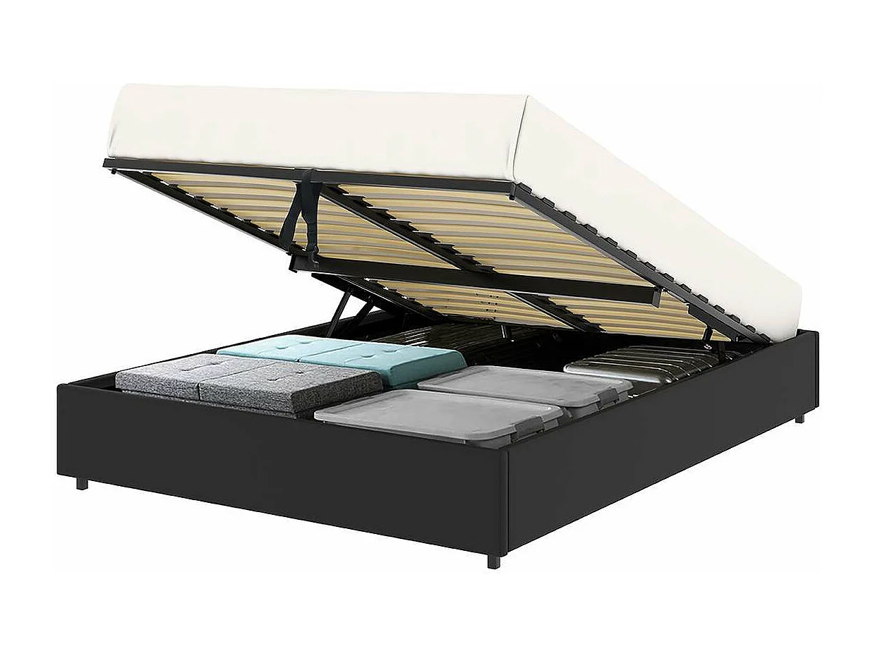 Opbergbed met platform – slaapmaat 140x190 cm – zwart kunstleer (PU) – lattenbodem inbegrepen – LANCE