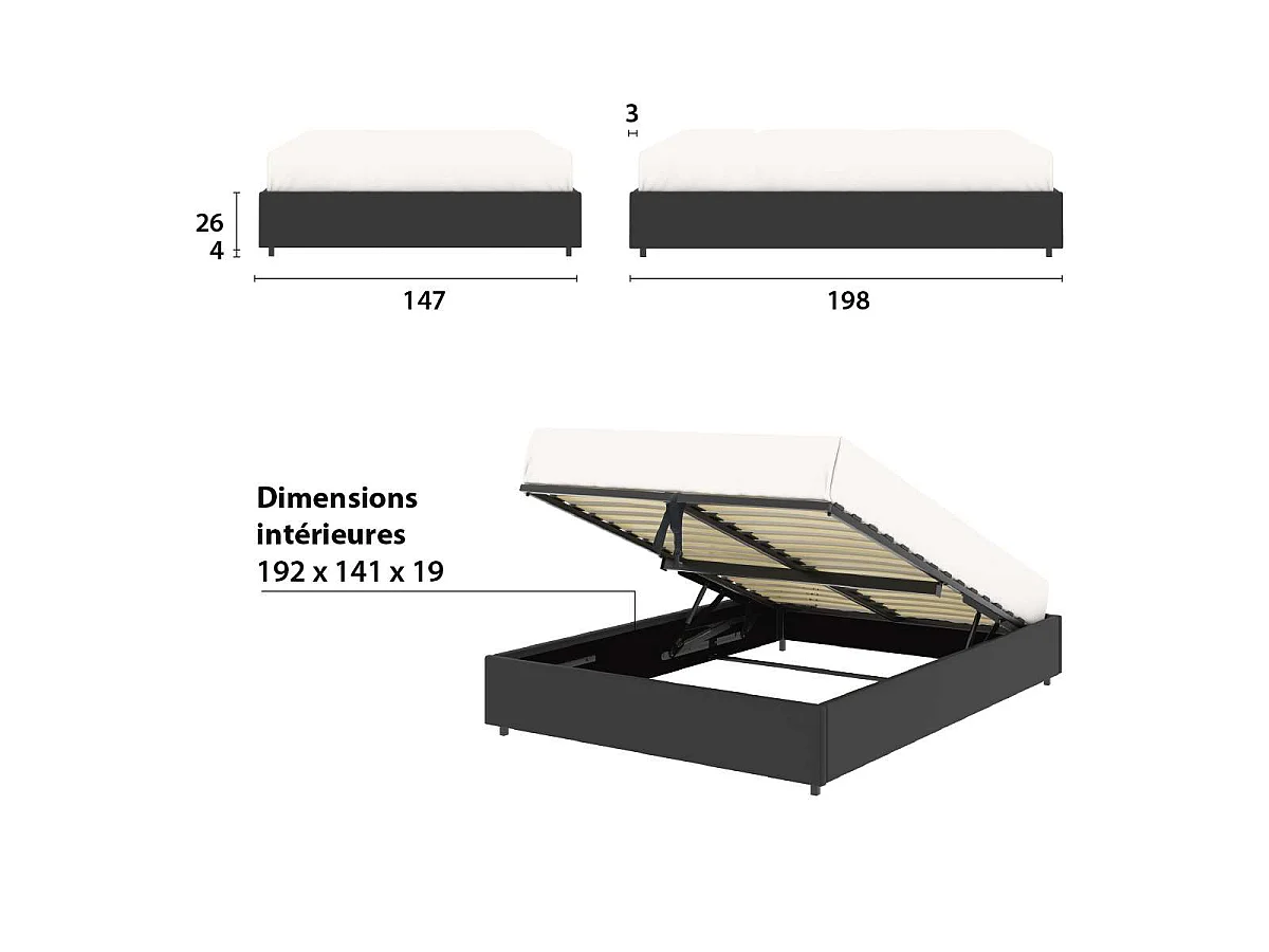 Lit coffre plateforme – couchage 140x190 cm - simili cuir (PU) noir - sommier inclus - LANCE