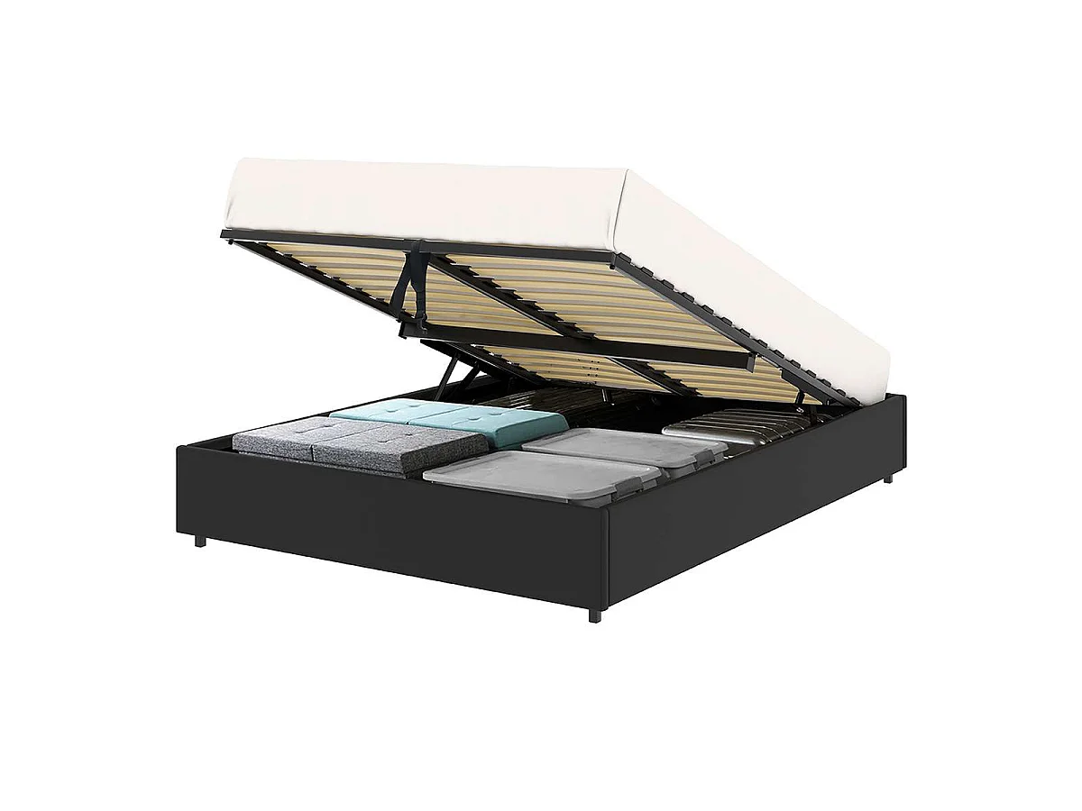 Lit coffre plateforme – couchage 140x190 cm - simili cuir (PU) noir - sommier inclus - LANCE