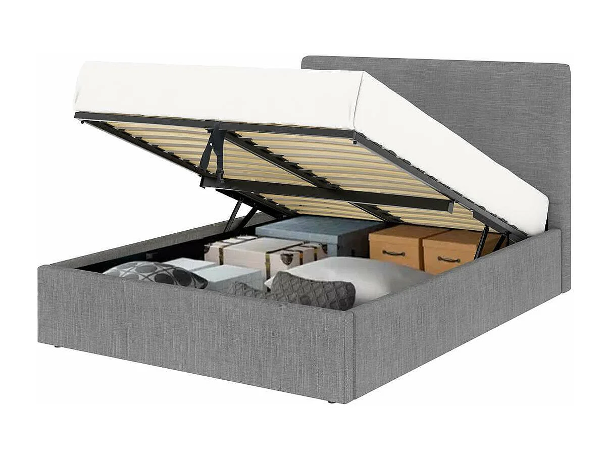 Cama doble con cabecero y gran caja de almacenamiento de 140x190 cm en tela gris - ANDY