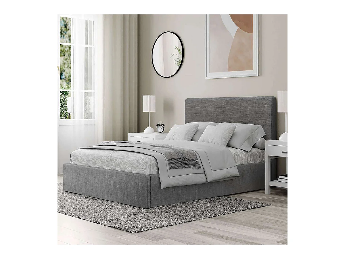 Stauraumbett mit hohem Kopfteil – Liegefläche 140x190 cm – grauer Stoff – Lattenrost inklusive – ANDY