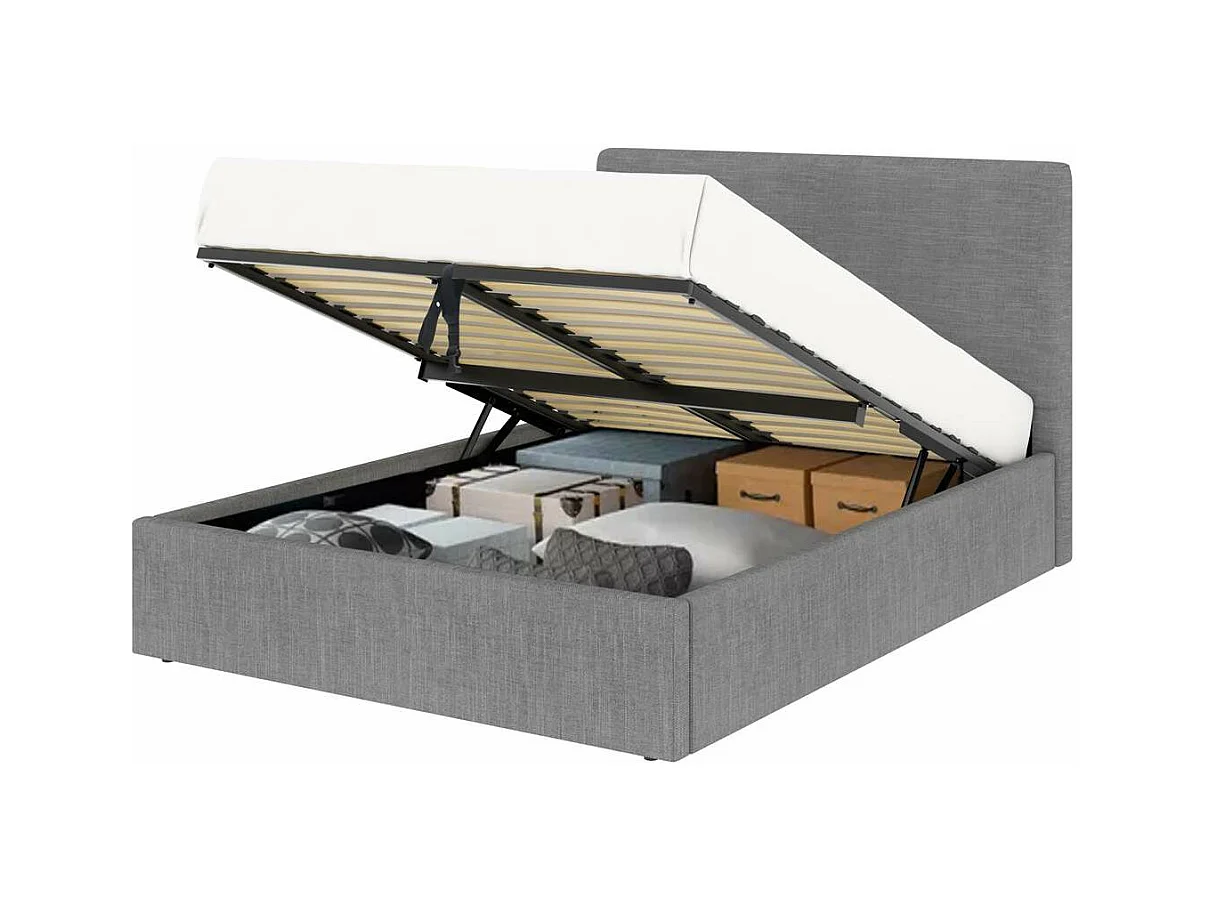 Lit coffre tête de lit haute – couchage 140x190 cm – tissu gris - sommier inclus - ANDY