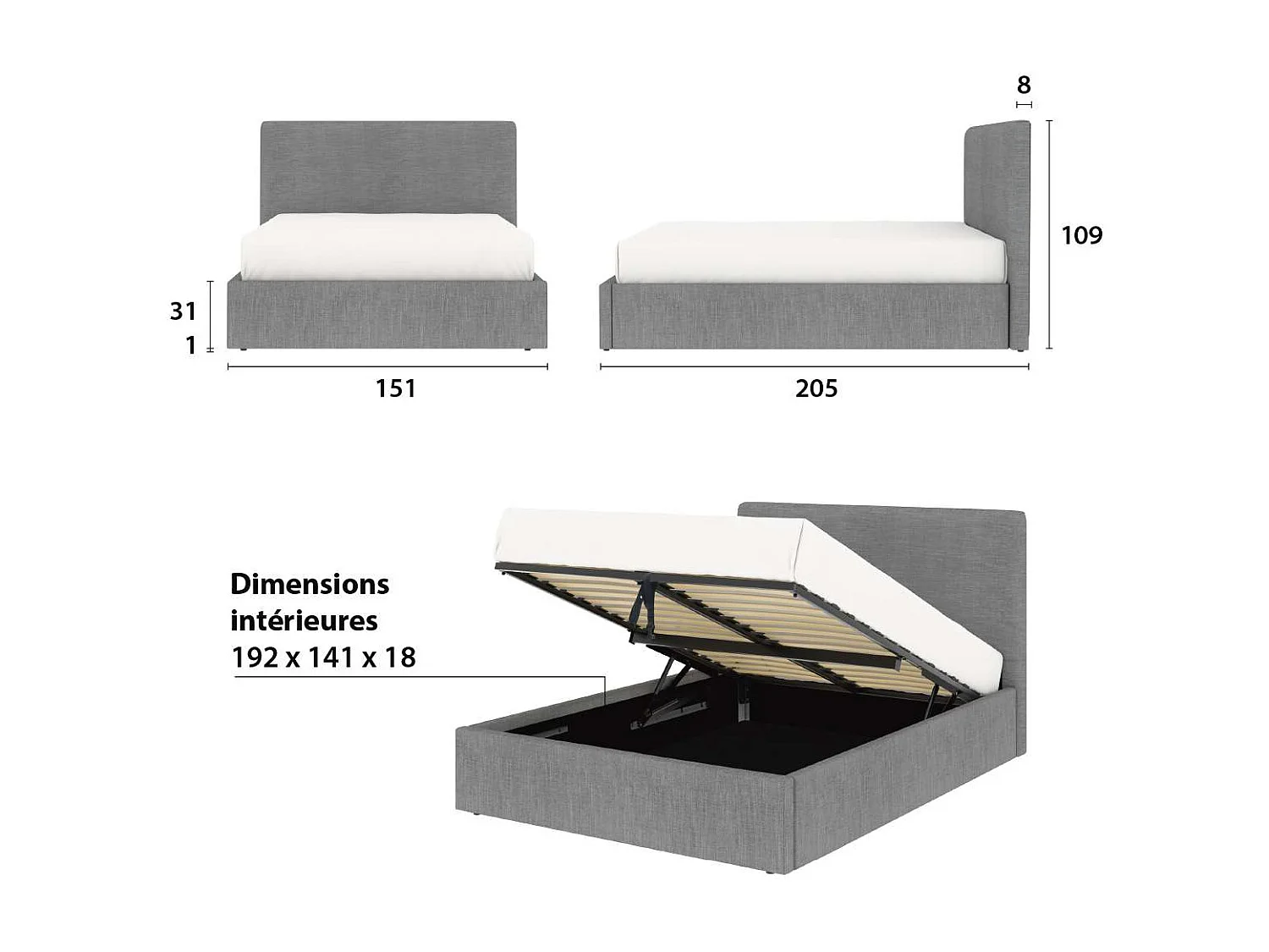 Lit coffre tête de lit haute – couchage 140x190 cm – tissu gris - sommier inclus - ANDY