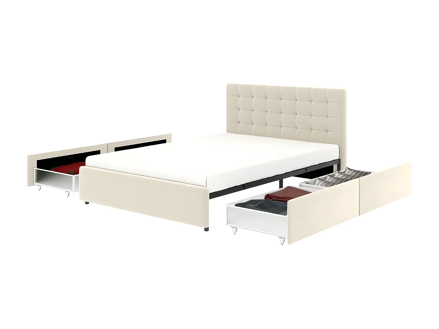 Lit tiroirs tête de lit capitonnée – couchage 140x190 cm – velours beige - sommier inclus - ELLIE