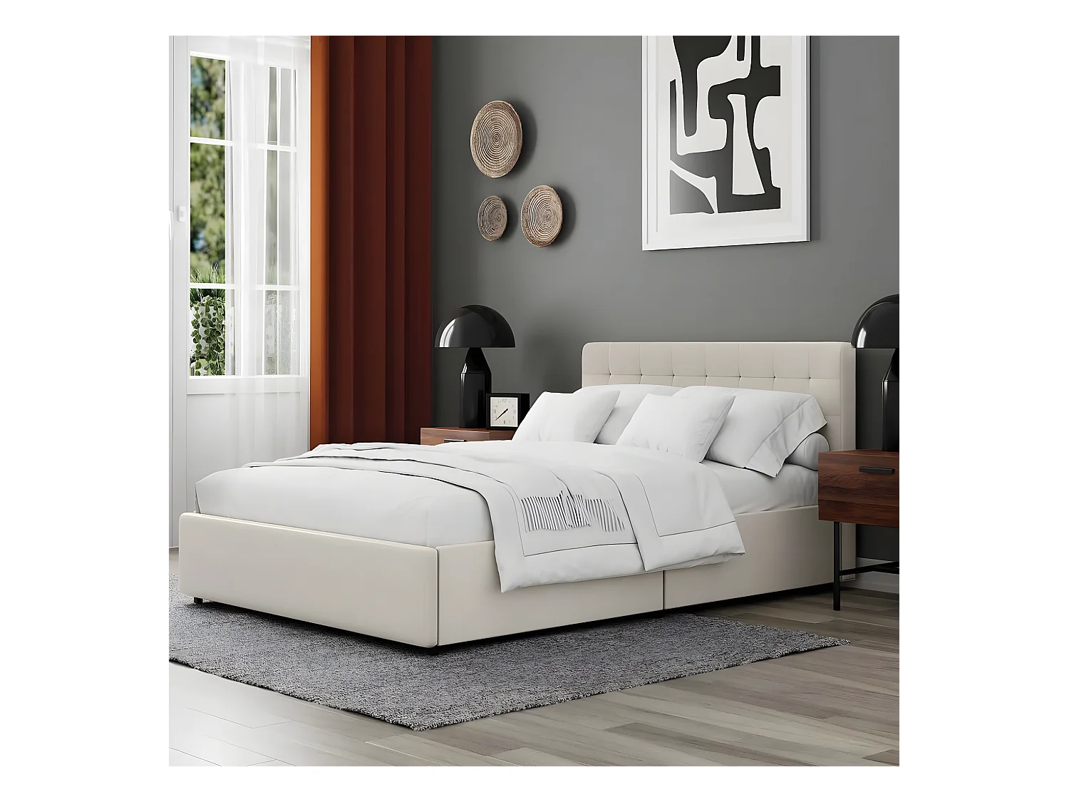Lit tiroirs tête de lit capitonnée – couchage 140x190 cm – velours beige - sommier inclus - ELLIE