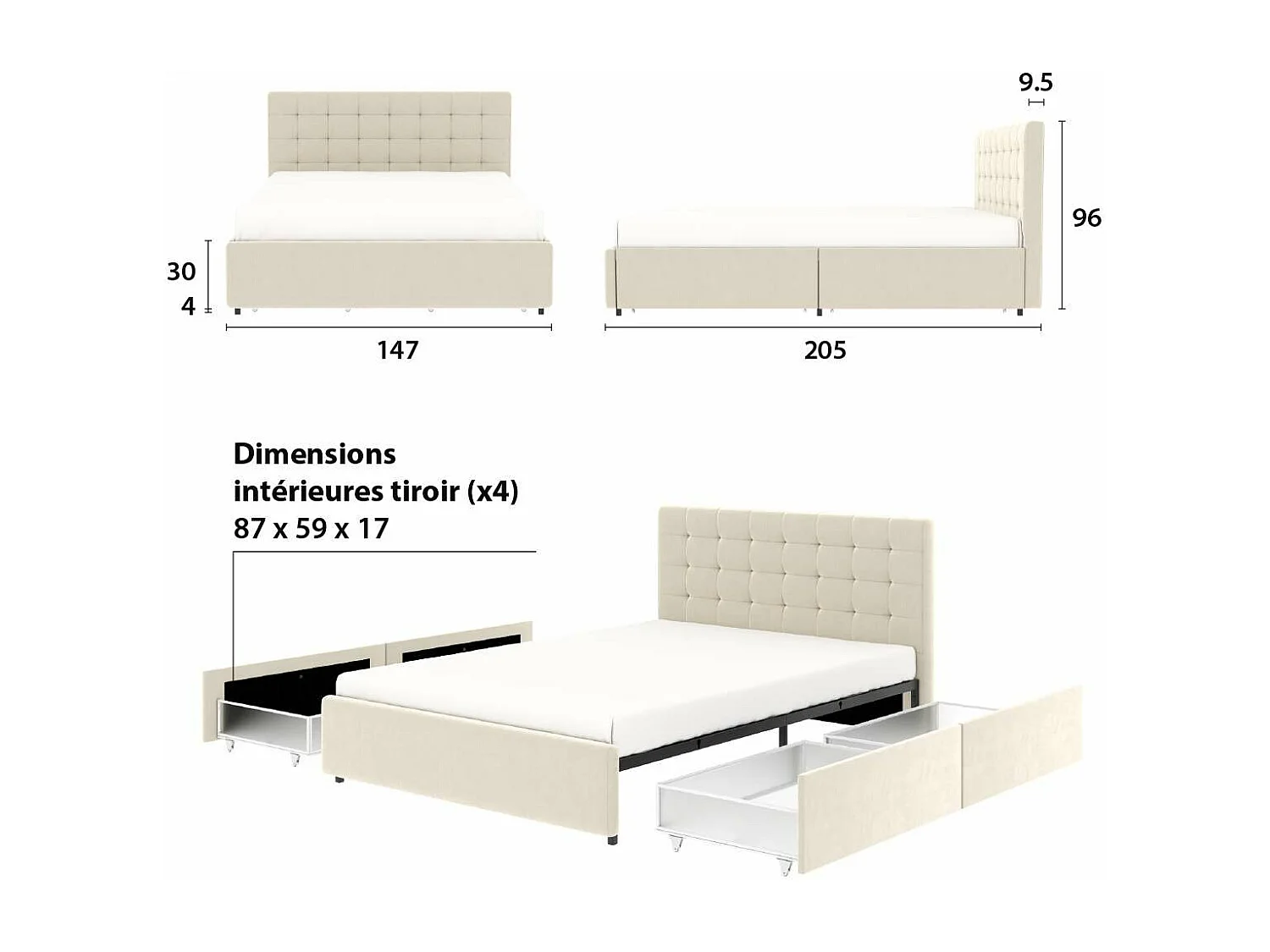 Bed met lades en gecapitonneerd hoofdbord – slaapmaat 140x190 cm – beige fluweel – lattenbodem inbegrepen – ELLIE