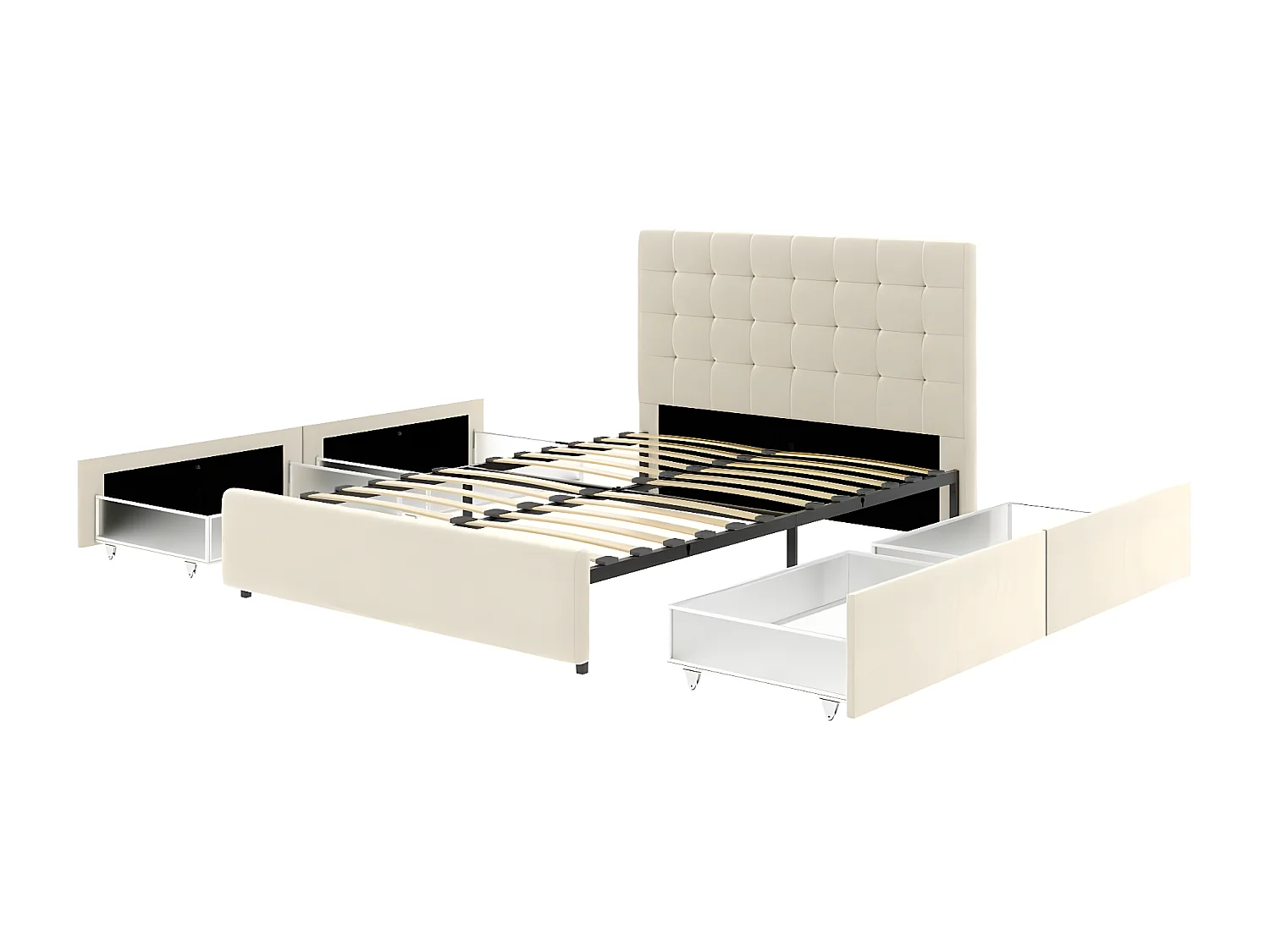 Bed met lades en gecapitonneerd hoofdbord – slaapmaat 140x190 cm – beige fluweel – lattenbodem inbegrepen – ELLIE