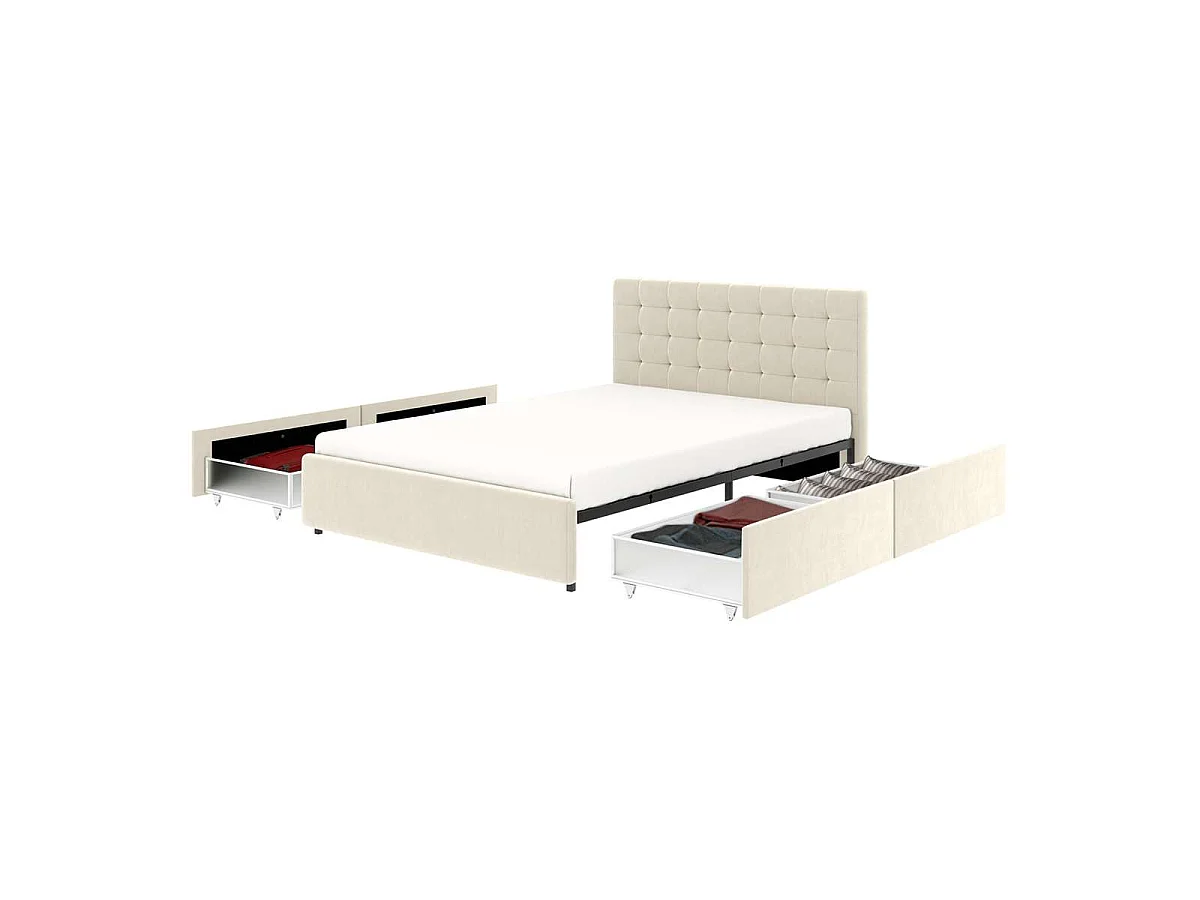 Bed met lades en gecapitonneerd hoofdbord – slaapmaat 140x190 cm – beige fluweel – lattenbodem inbegrepen – ELLIE