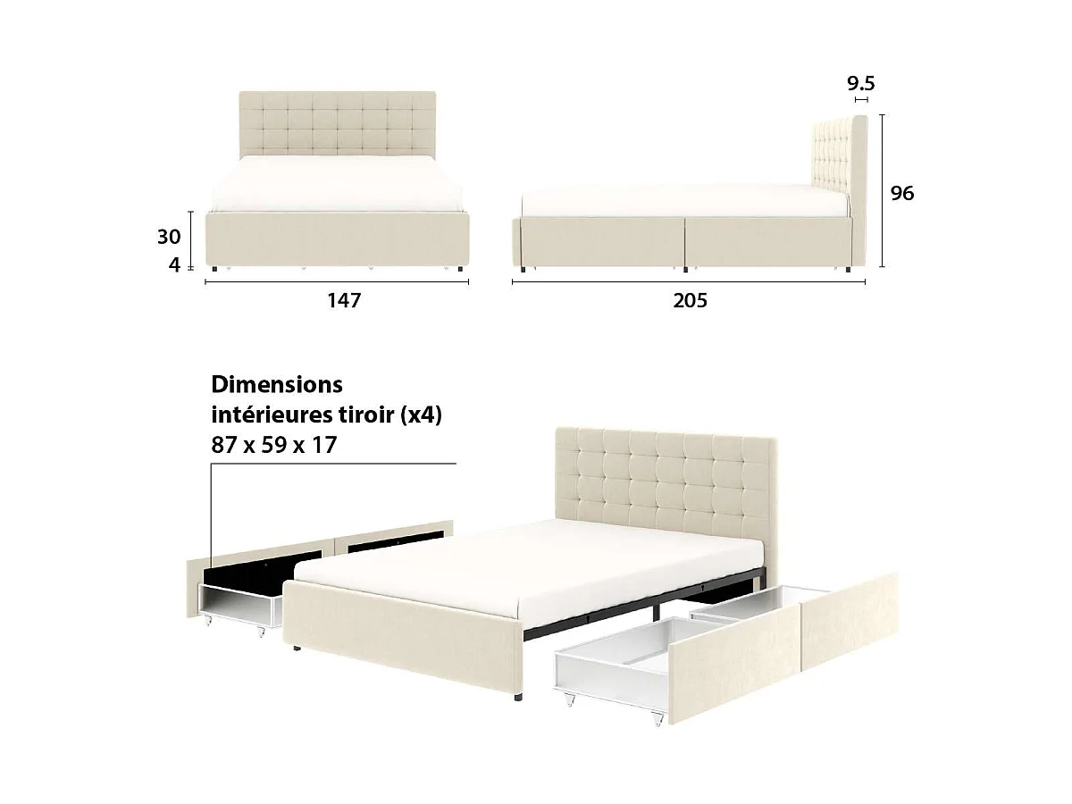 Bed met lades en gecapitonneerd hoofdbord – slaapmaat 140x190 cm – beige fluweel – lattenbodem inbegrepen – ELLIE