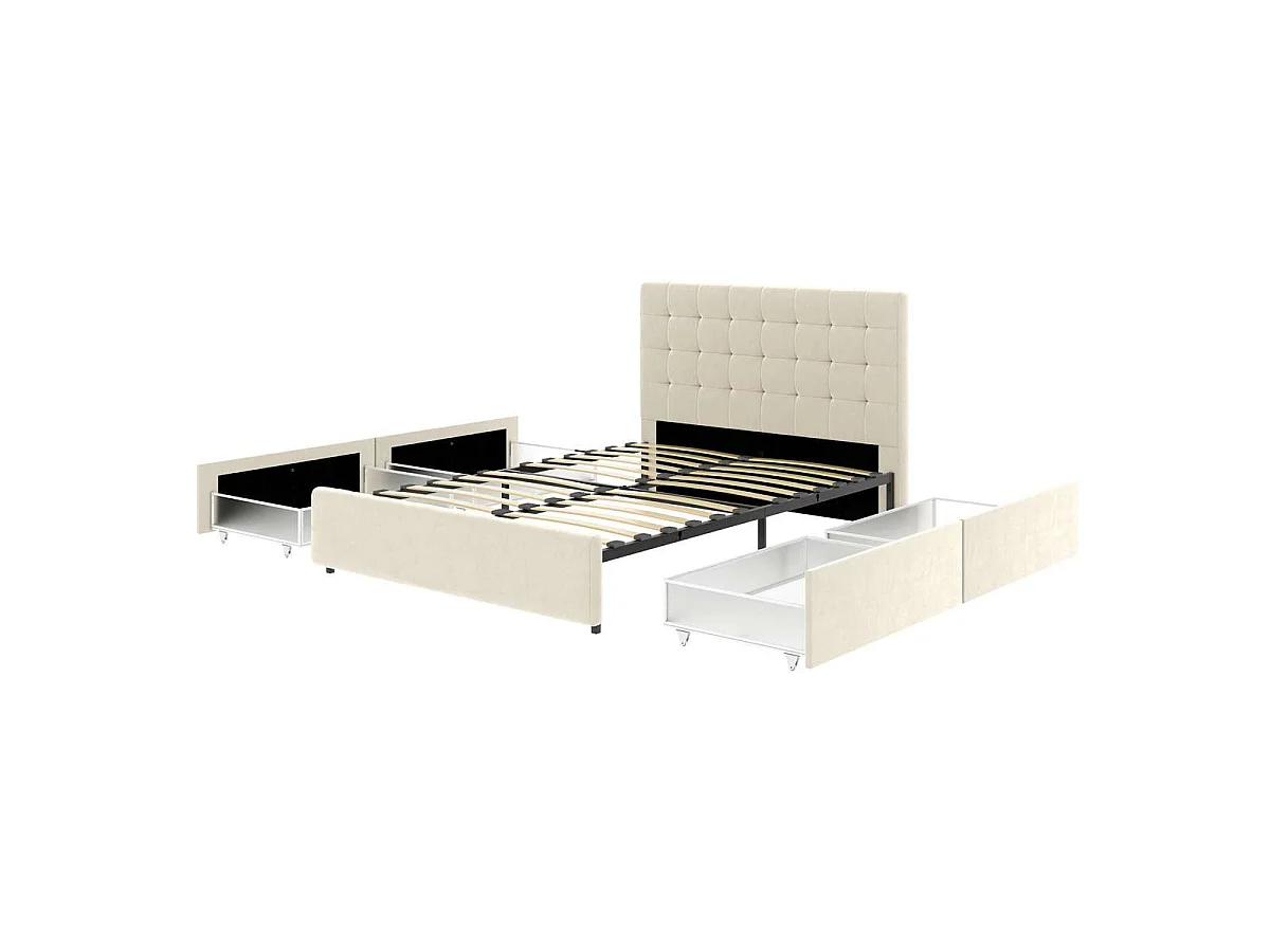 Bed met lades en gecapitonneerd hoofdbord – slaapmaat 140x190 cm – beige fluweel – lattenbodem inbegrepen – ELLIE