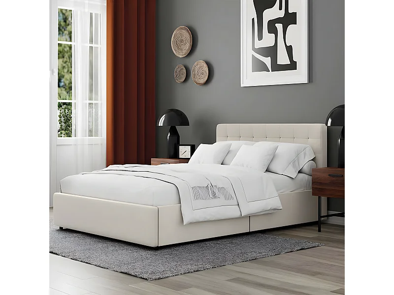 Letto con cassetti e testiera trapuntata – rete 140x190 cm – velluto beige – rete inclusa – ELLIE