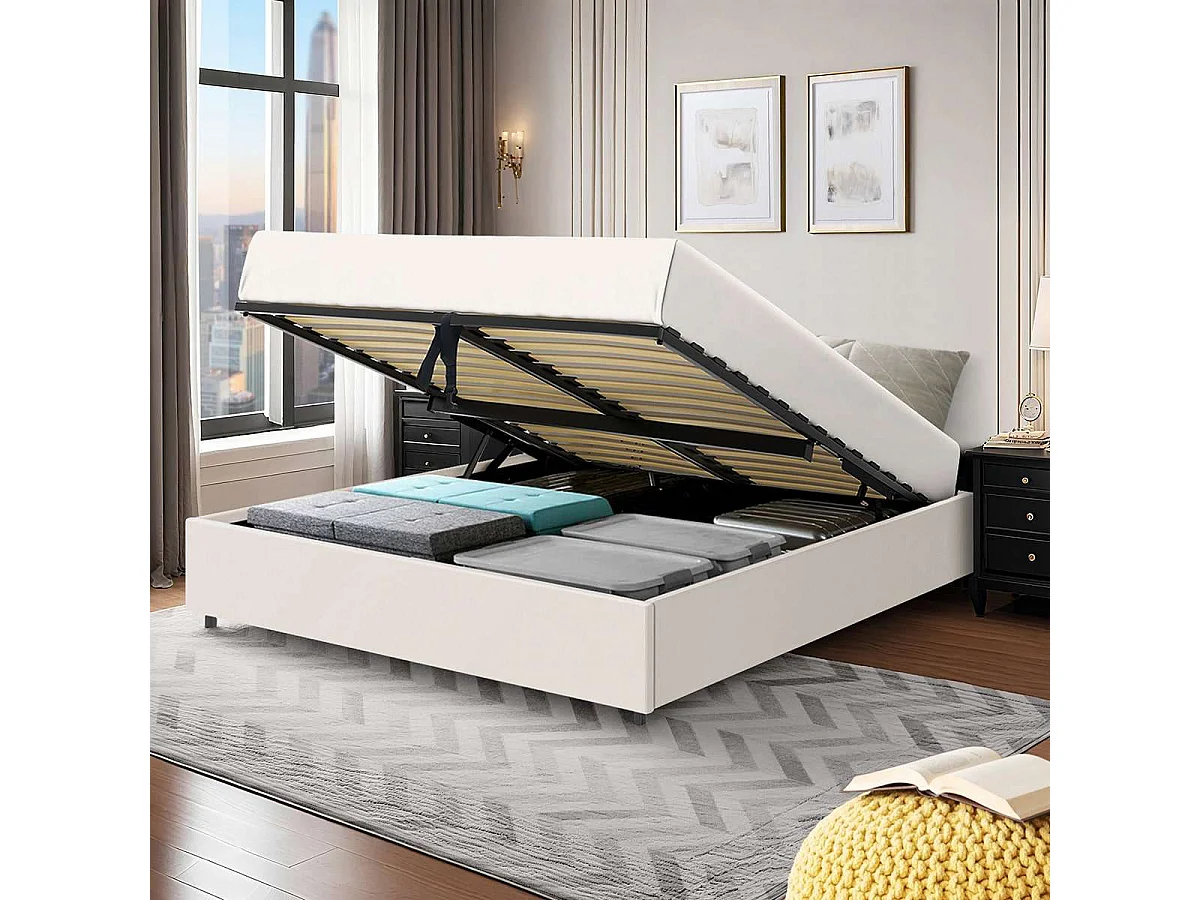 Lit coffre plateforme – couchage 140x190 cm - simili cuir (PU) blanc - sommier inclus - LANCE