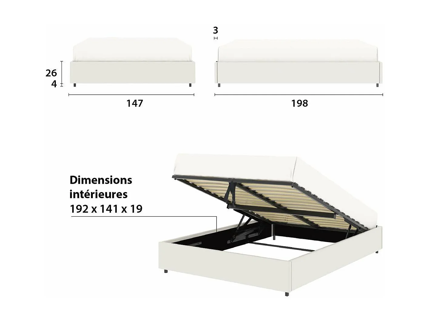 Lit coffre plateforme – couchage 140x190 cm - simili cuir (PU) blanc - sommier inclus - LANCE